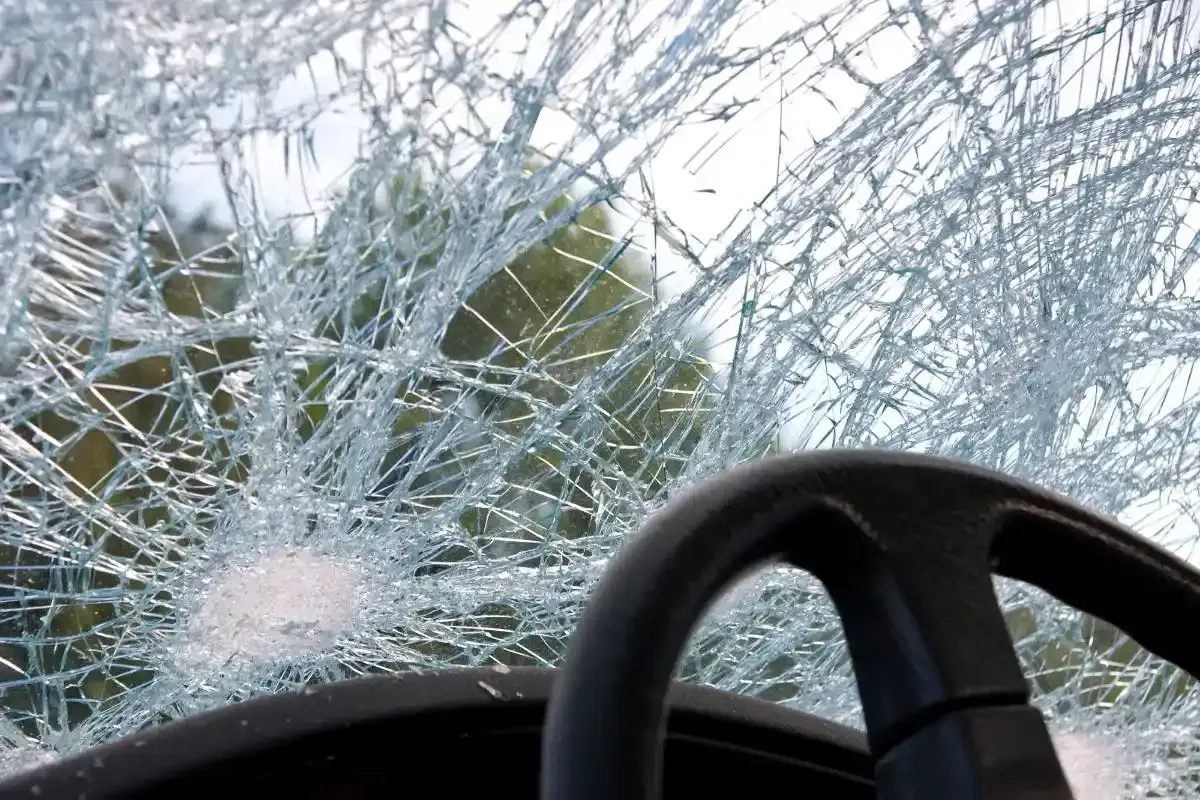 Parabrezza rotto con punto di impatto circolare, volante dell'auto visibile.
