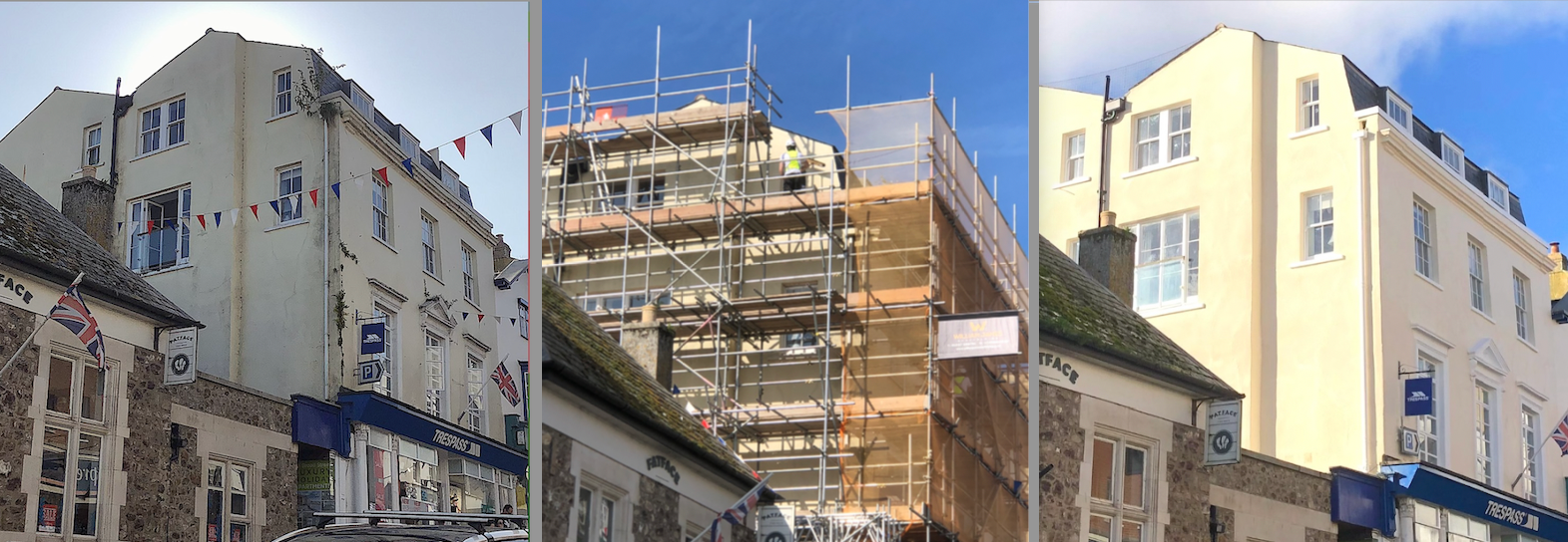 Exterior renovation with scaffolding on Broad Street, Lyme Regis