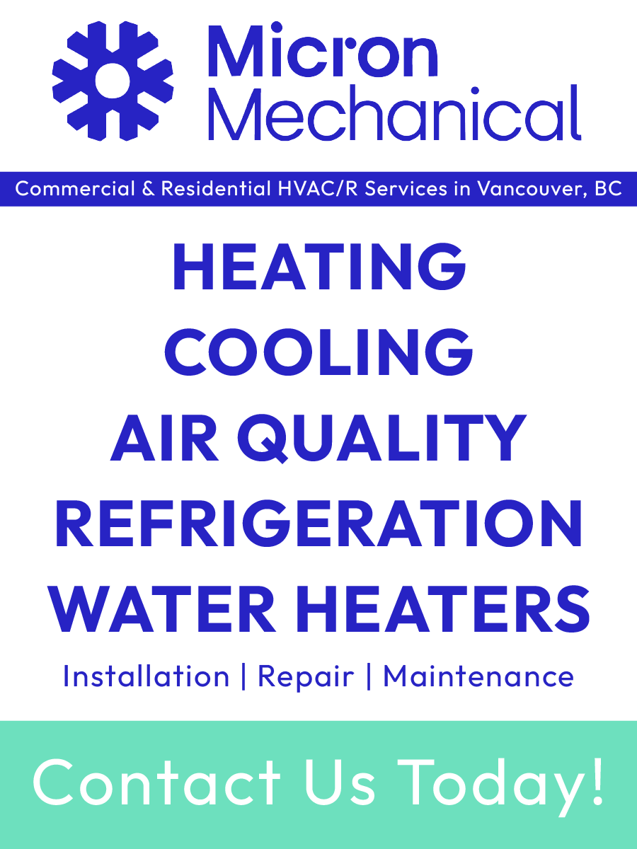 Advert for Micron Mechanical, offering HVAC and water heater services. Includes logo, services listed in blue.