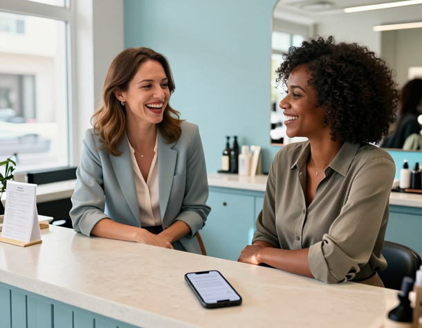 Salon owner laughing with a client at a bright front desk