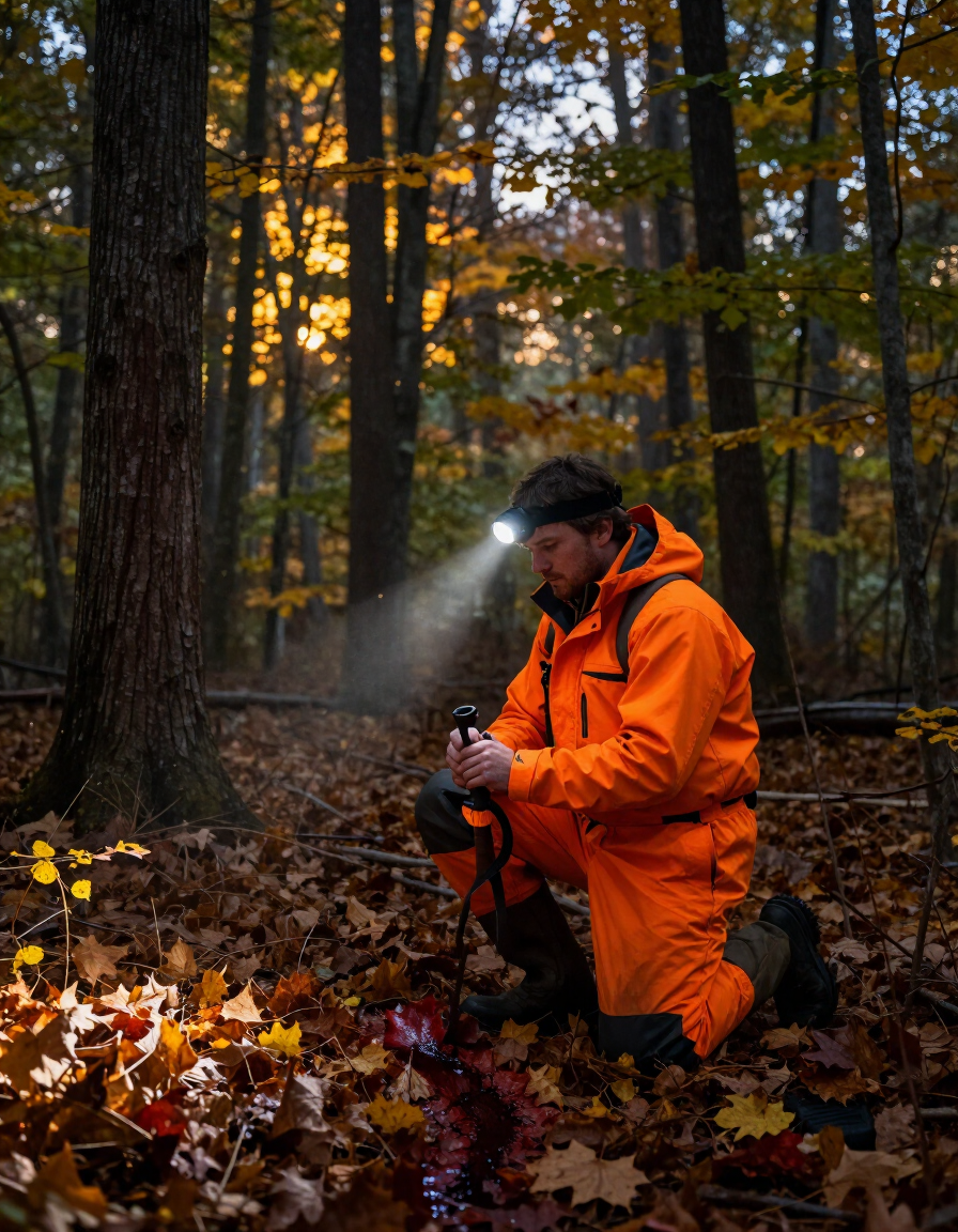 Hunter kneeling in Ohio woods studying blood trail at dusk