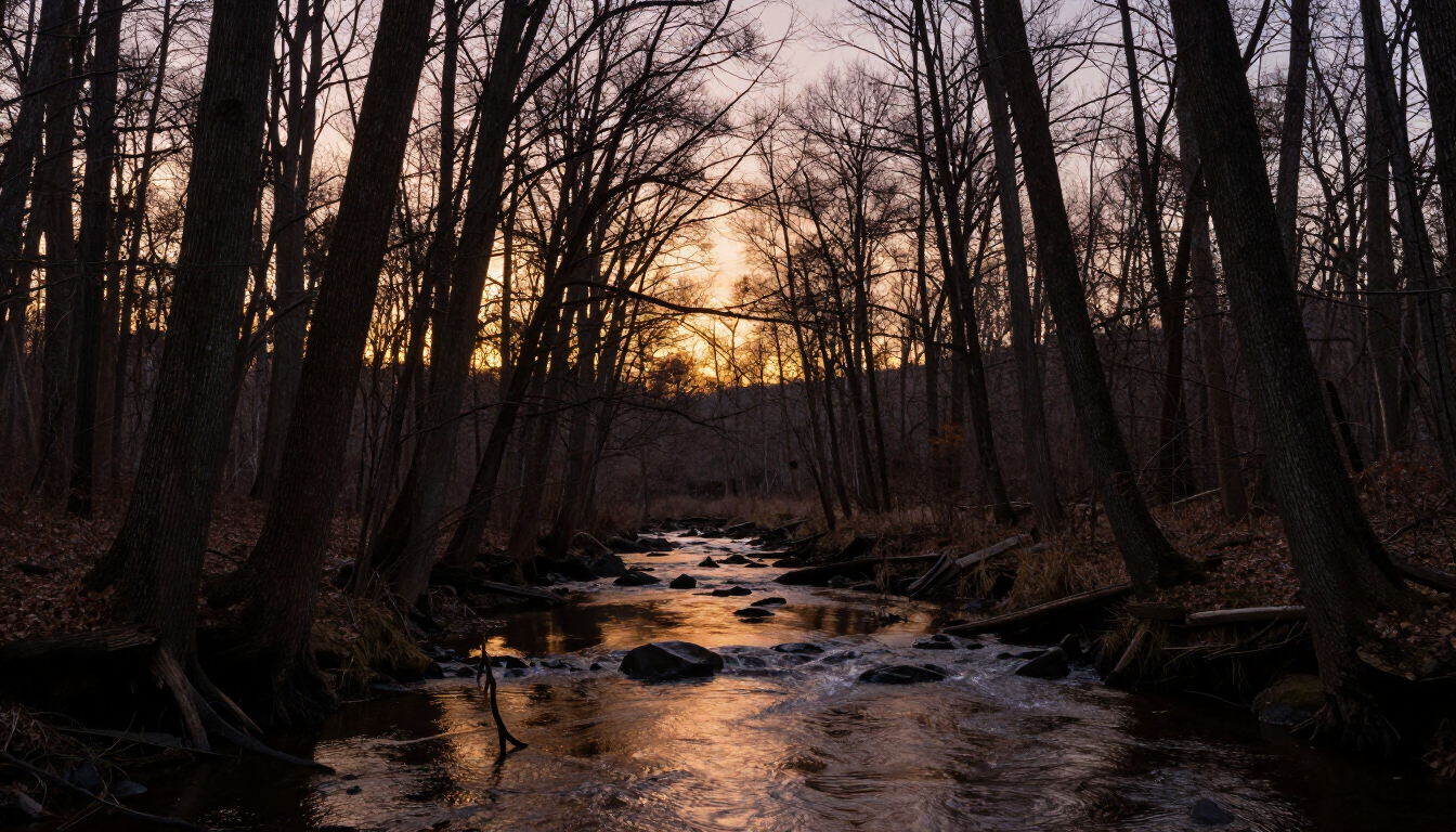 Dense Ohio hardwood creek bottom at dusk