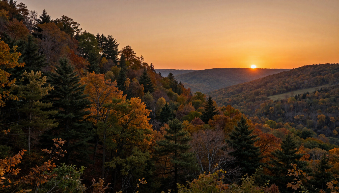 Ohio public land ridgeline at sunset mixed timber dramatic sky