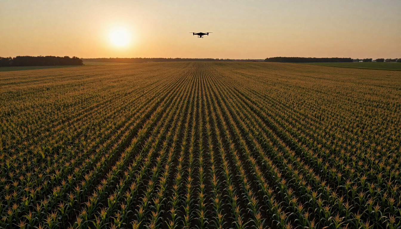 Vast Ohio farmland standing corn at golden hour aerial view