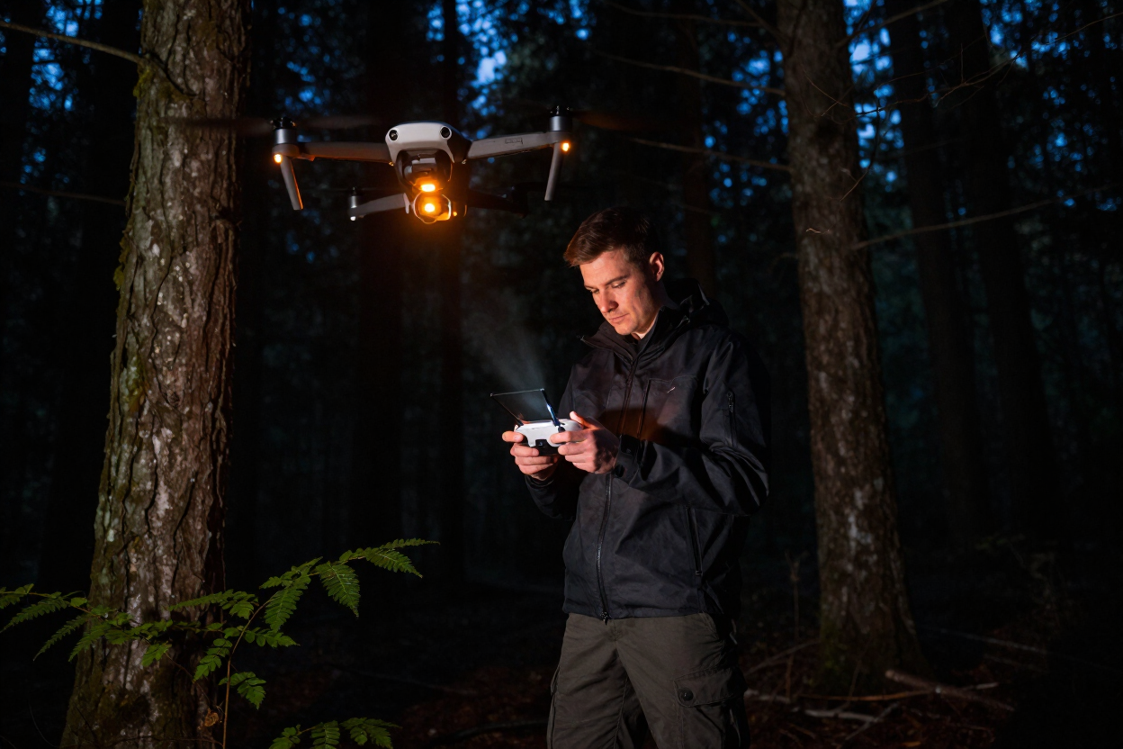 Thermal drone operator in field at night