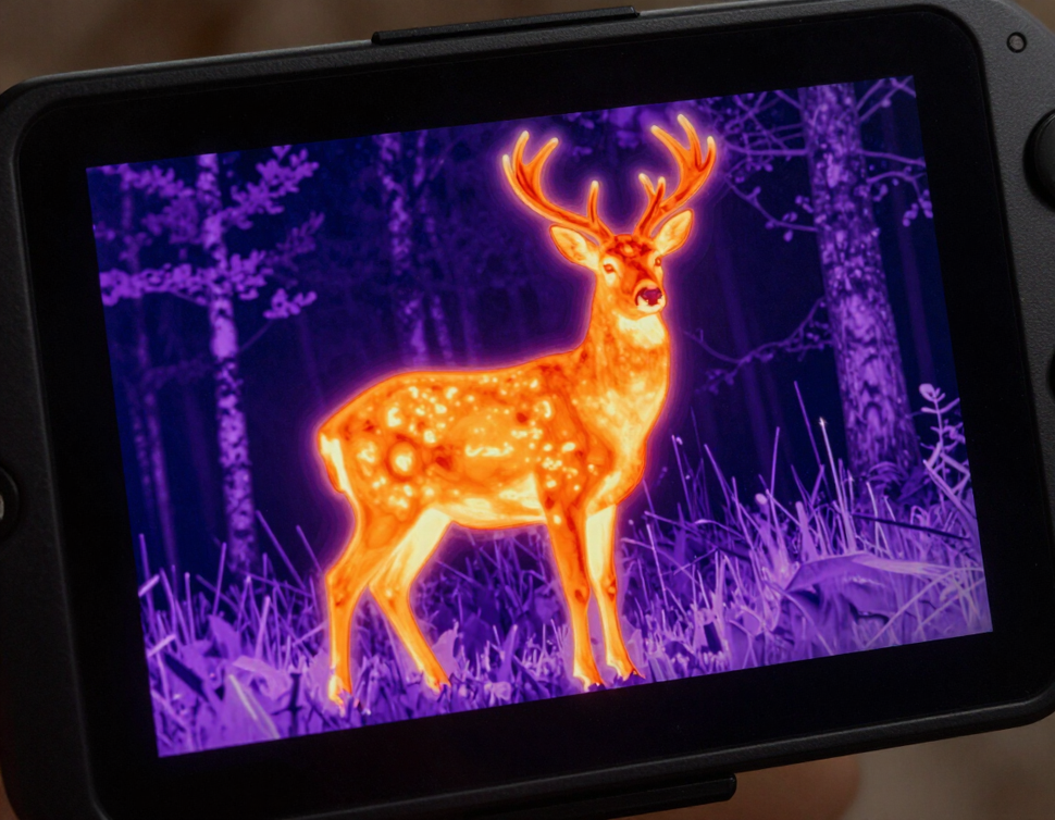 Thermal drone display showing deer heat signature