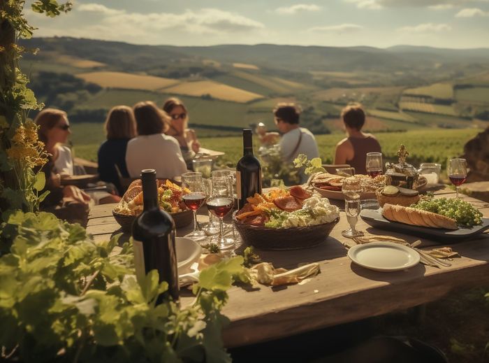 Friends enjoying a meal in Tuscany