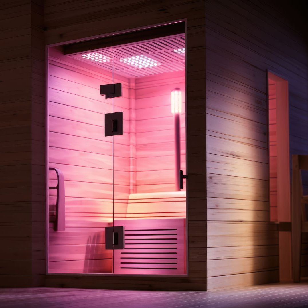 A wooden sauna with a glass door and purple lights