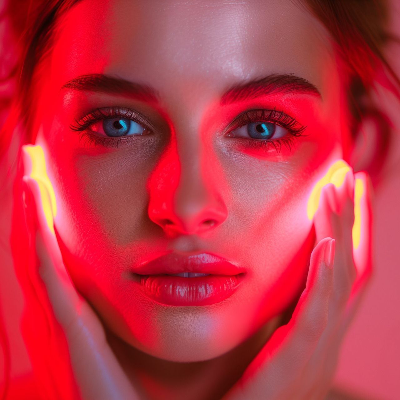 A close up of a woman 's face with red lights behind her