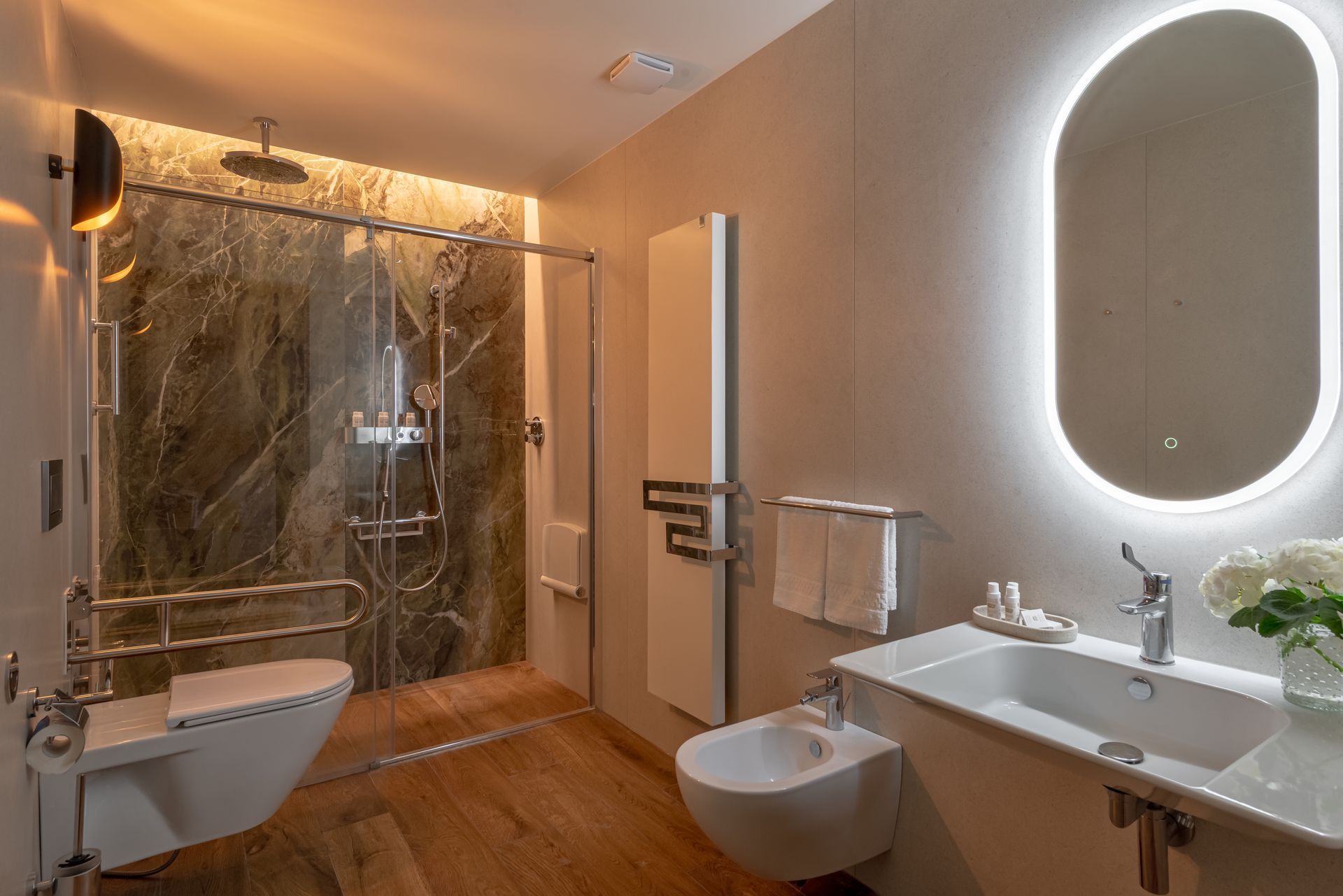 Accessible bathroom in a newly renovated hotel. 