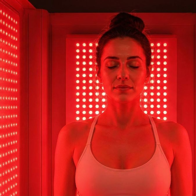 A close up of a woman 's face with red light shining on it.