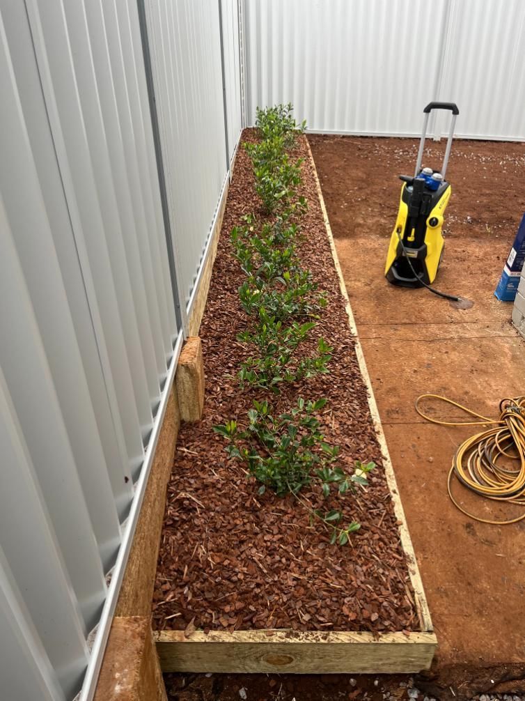 A Row Of Plants Growing In A Wooden Planter Next To A Fence — Lewis Landscapes In Laurieton