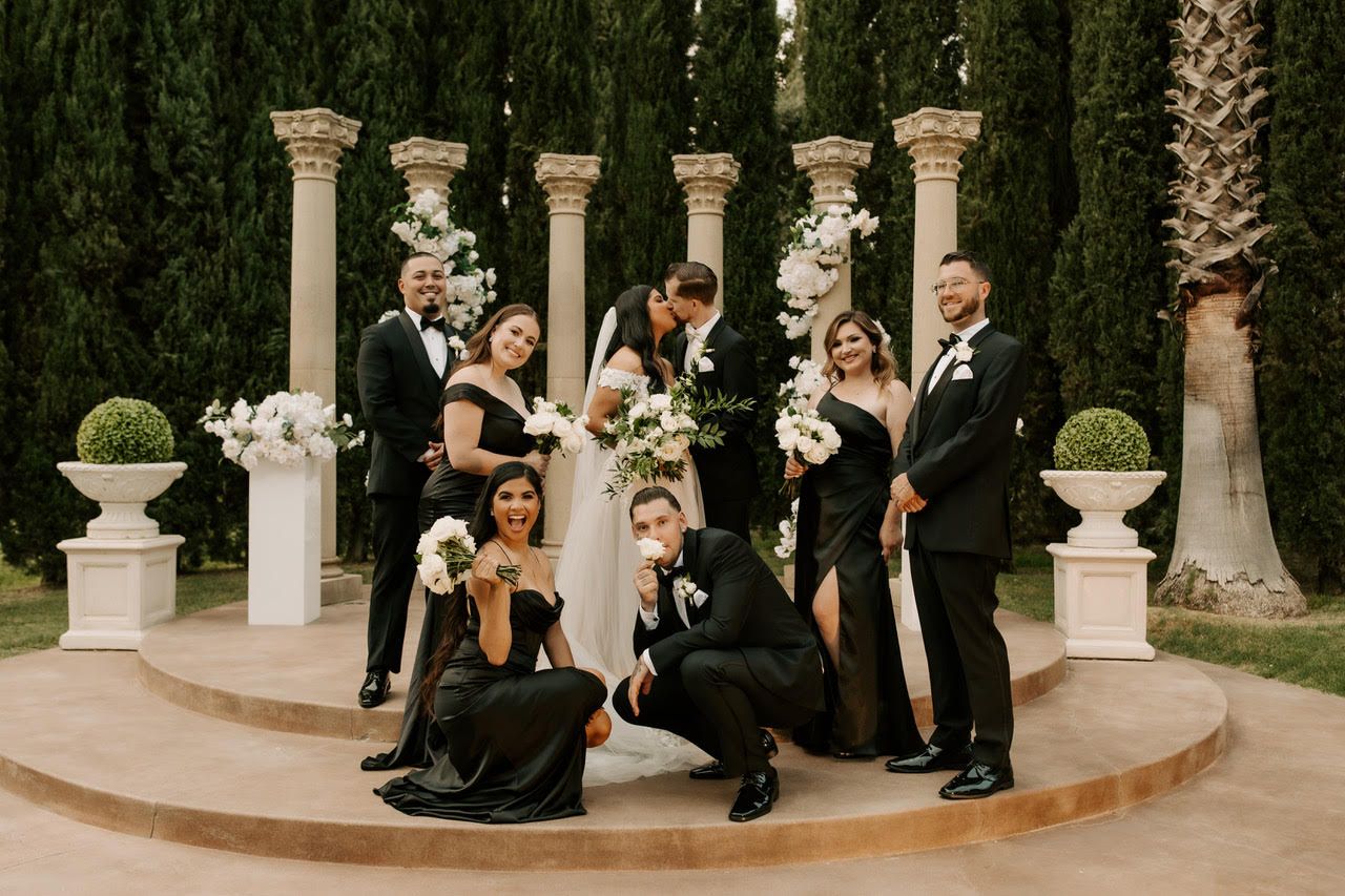 a bride and groom pose with their wedding party