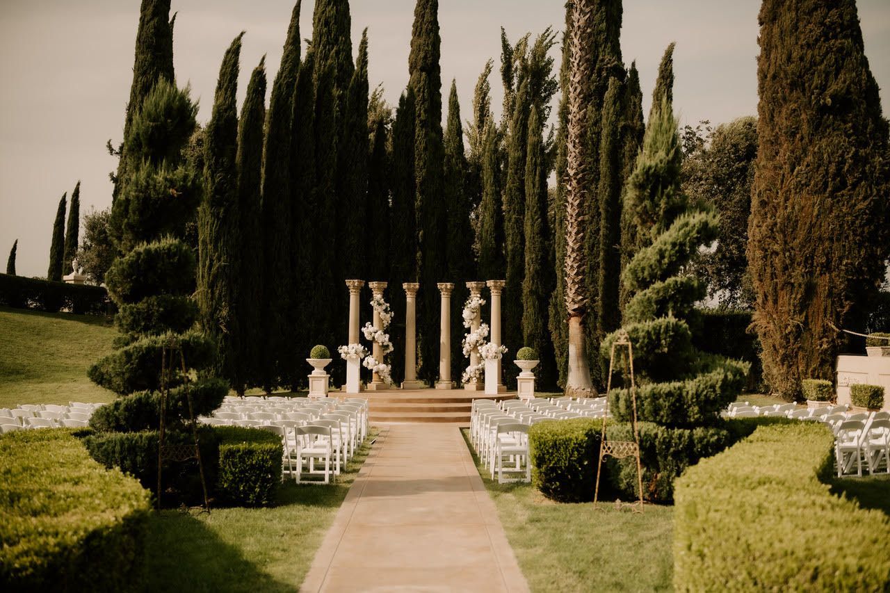 a row of white chairs are lined up in a garden
