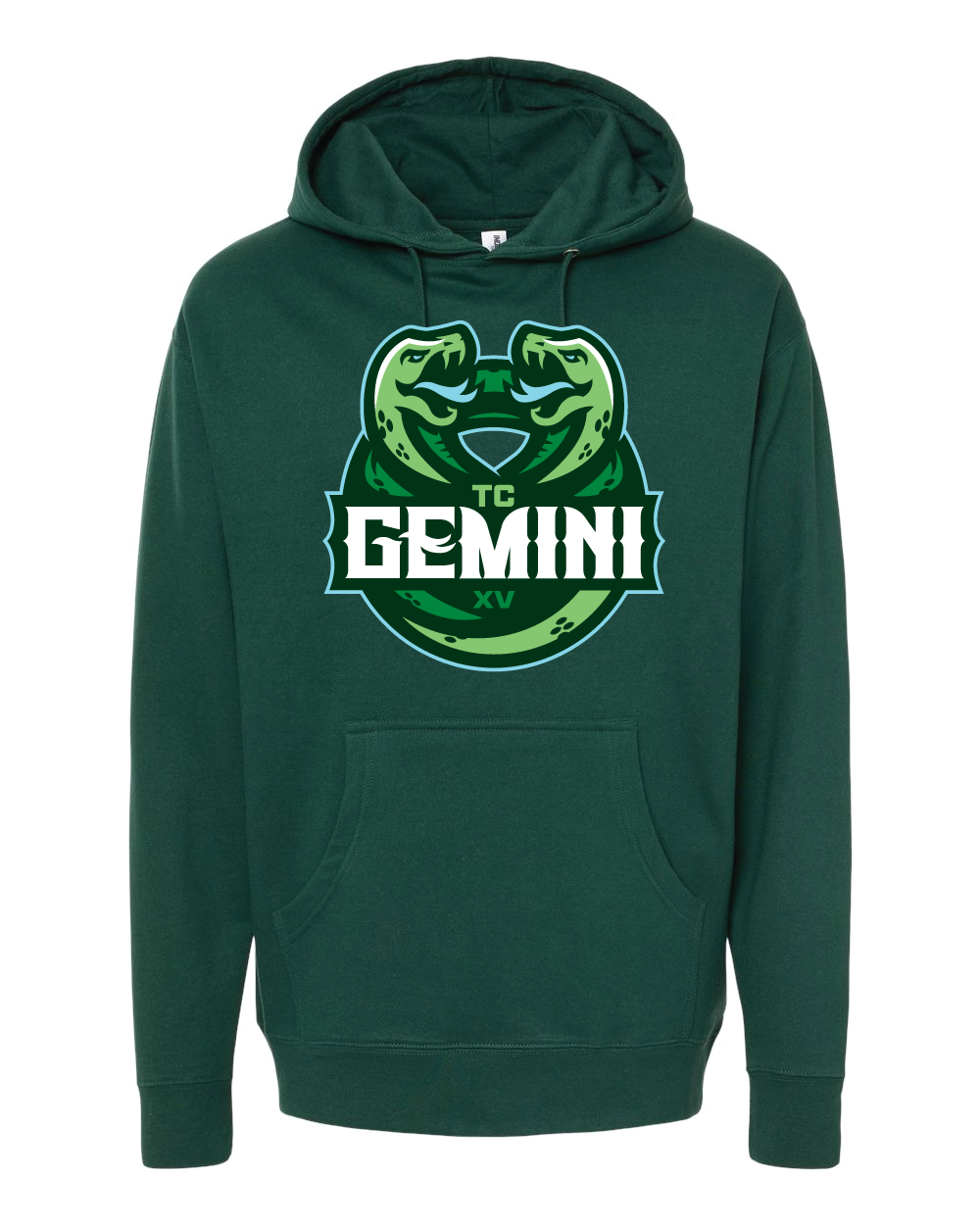 A green hoodie with a frog on it and the word gemini on it.