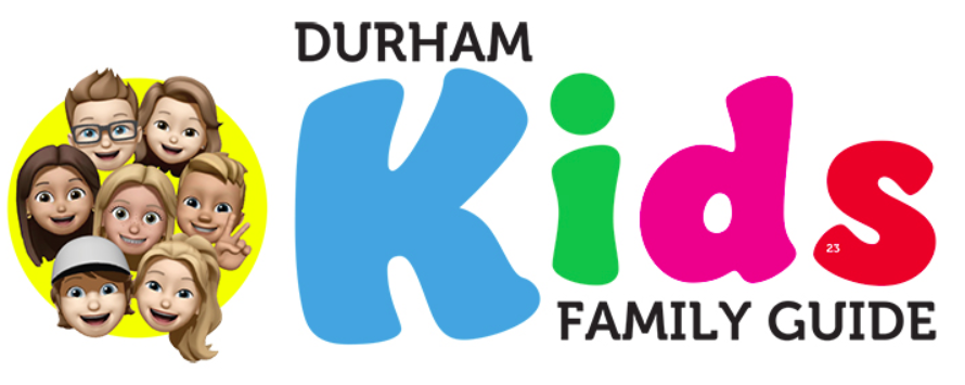 Durham Kids Family Guide logo with emoji faces in a yellow circle. The word