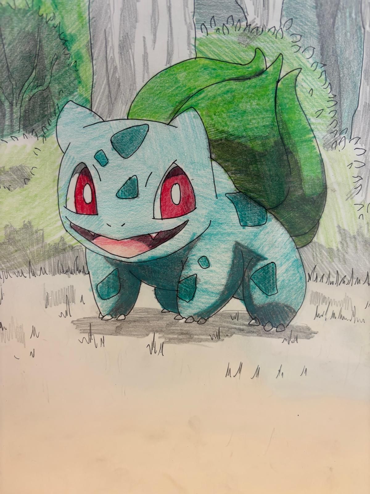 Bulbasaur Pokémon in a forest setting. Teal body, red eyes, smiling. Green plant on its back.