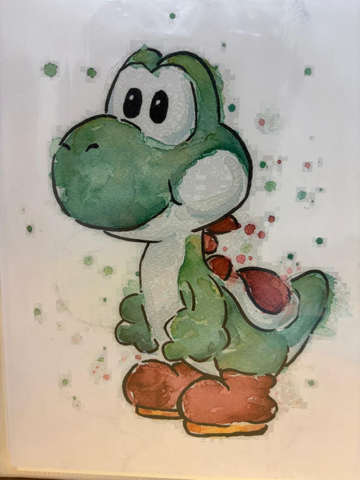 Watercolor-style illustration of Yoshi, a green dinosaur character, smiling. Brown boots and red saddle, spots around him.