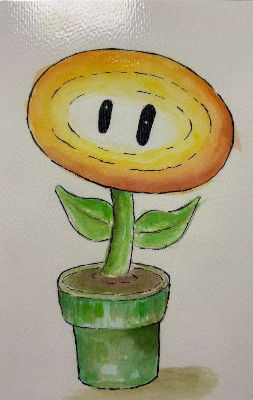Fire Flower from Super Mario, watercolor illustration, yellow flower head, green stem and leaves, in a green pot.