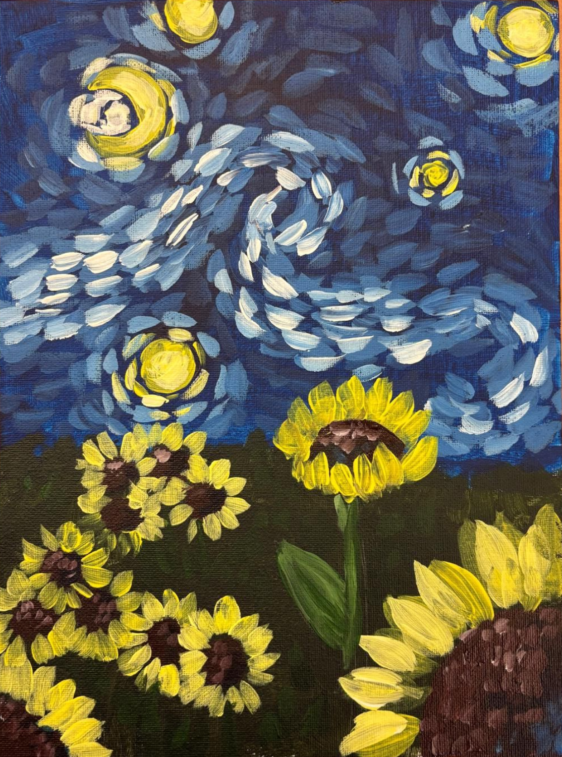 Van Gogh-style painting. Swirling blue night sky with yellow stars over sunflowers in a field.