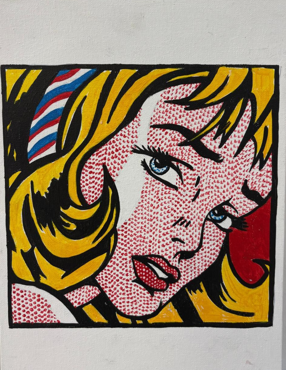 Pop art style illustration of a woman with blonde hair, tears, and a red bow.