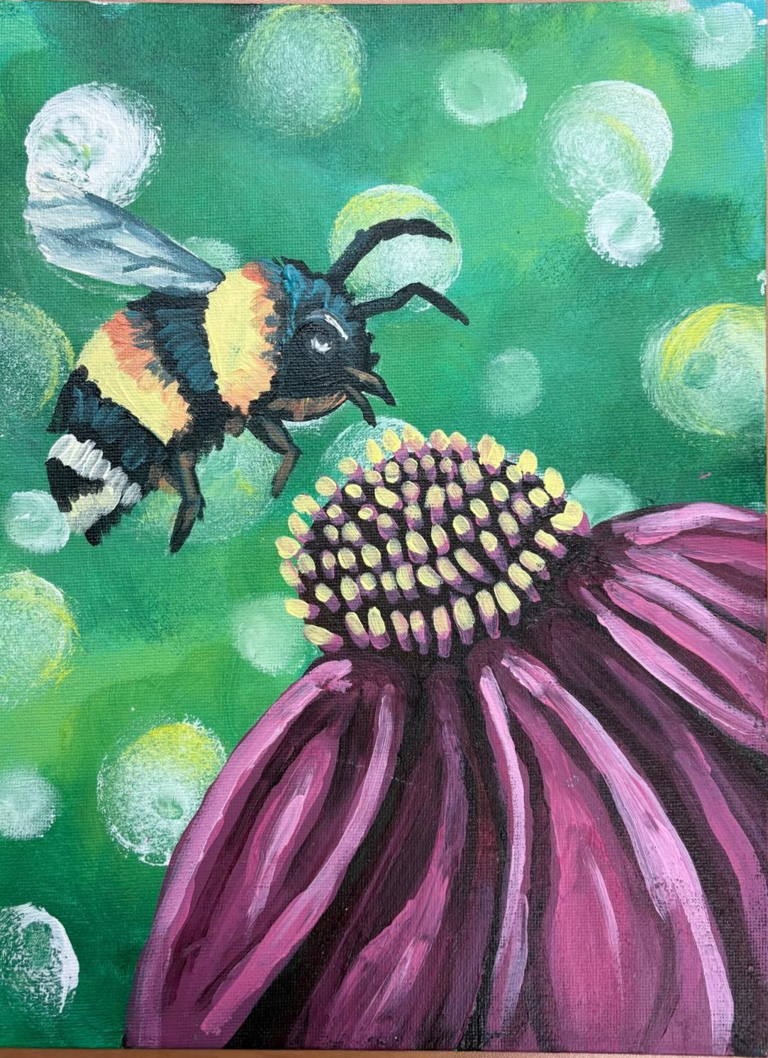 Bee flying towards a purple coneflower. Green background with white bubble-like shapes.