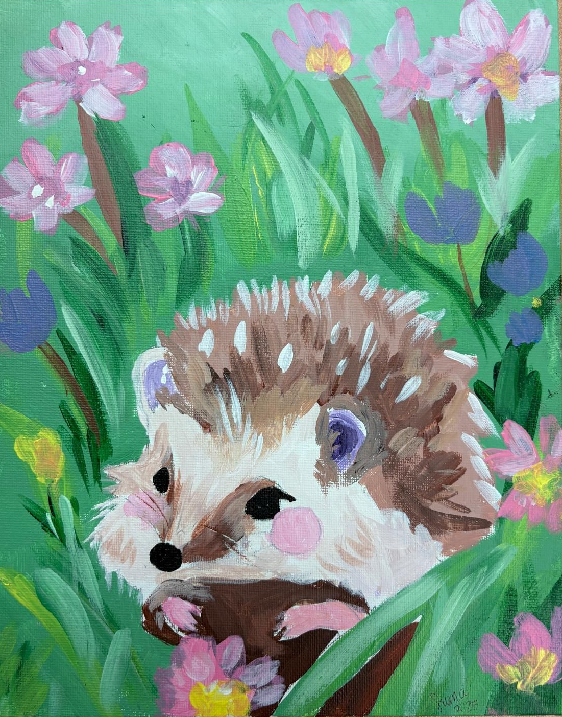 Hedgehog in a green field with pink and yellow flowers.