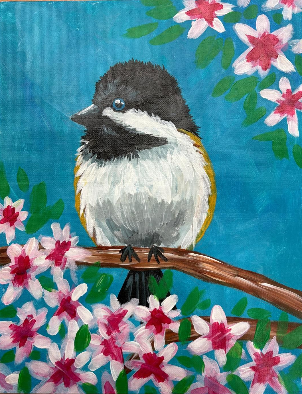Bird perched on a branch, surrounded by pink flowers, against a blue background.