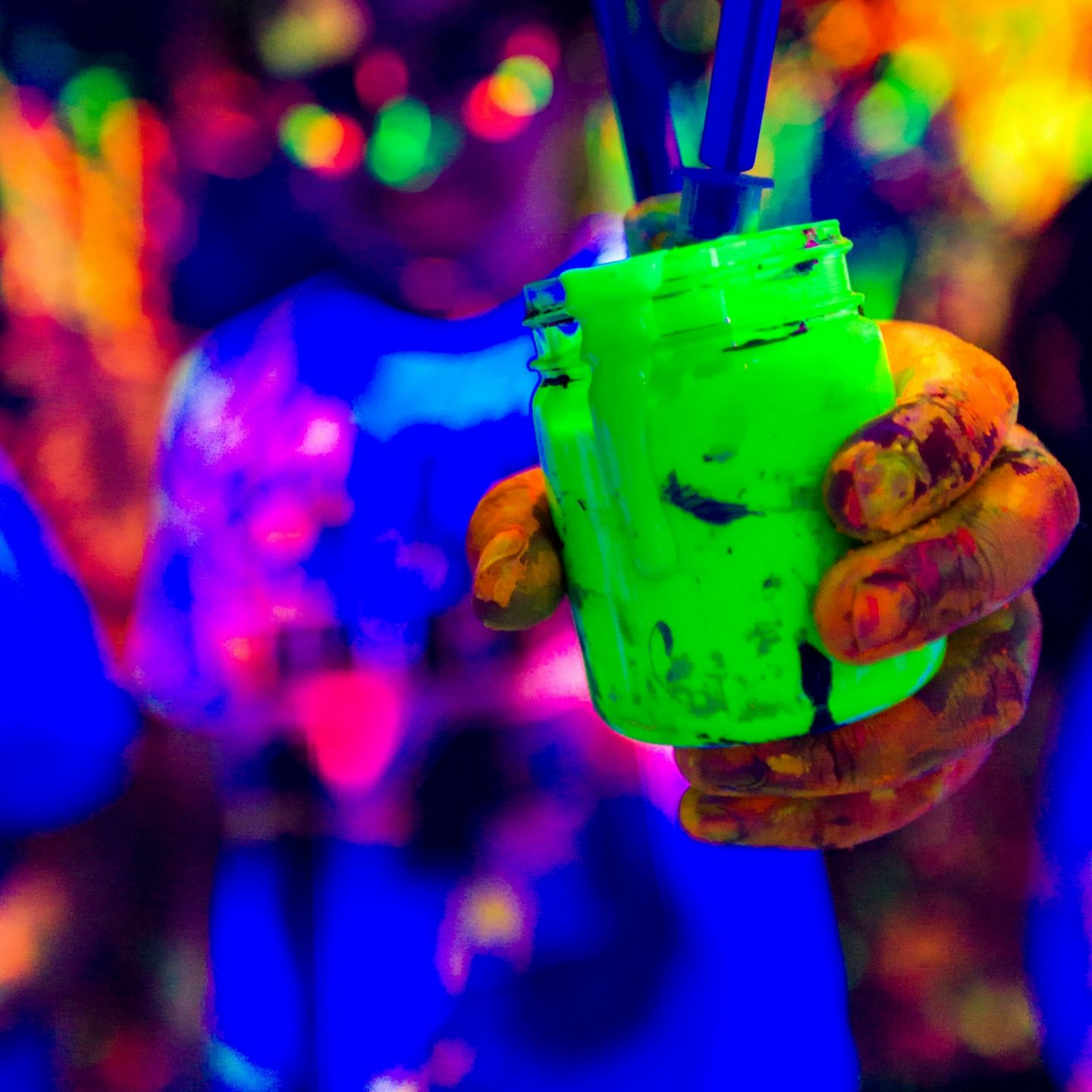 Hand holding a neon green jar of paint with paintbrushes, in a colorful, blurred environment.
