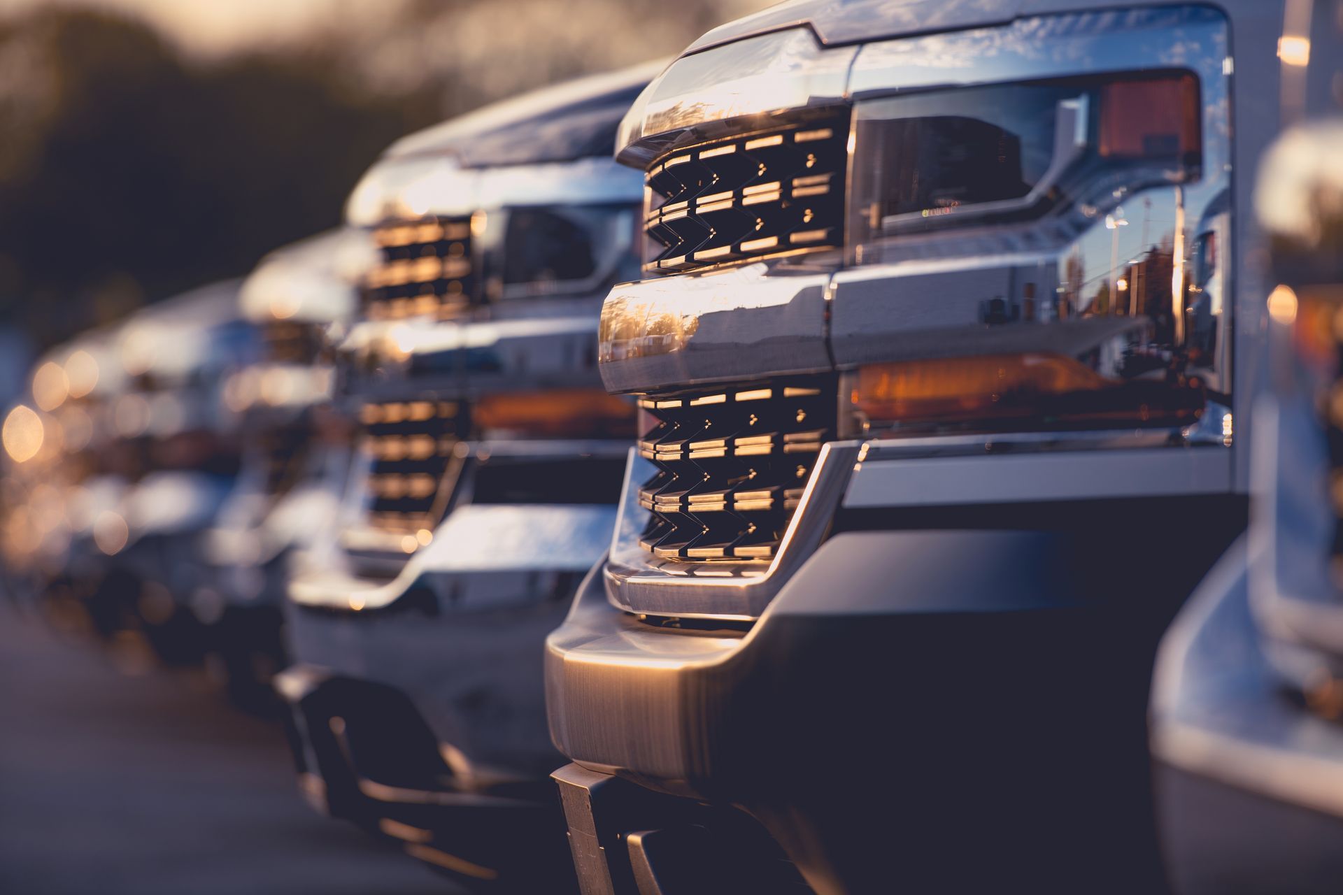 Row of parked pickup trucks with chrome grilles in warm evening light