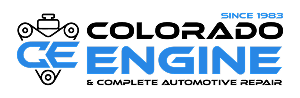 Colorado CE Engine auto repair logo in black, blue, and gray with car icon and &ldquo;Since 1993&rdquo; text