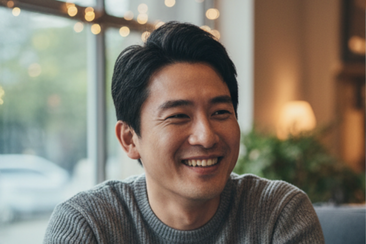 A smiling person in a grey knit sweater sits indoors near a window with soft, out-of-focus background lights.