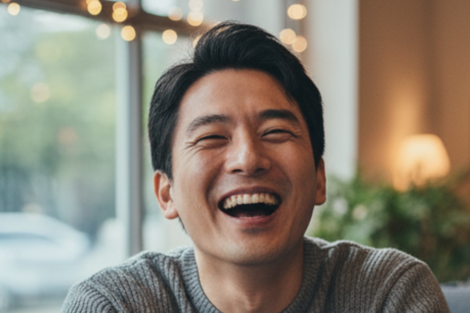 A person with dark hair smiling broadly in a cozy, softly lit room with window lights in the blurred background.