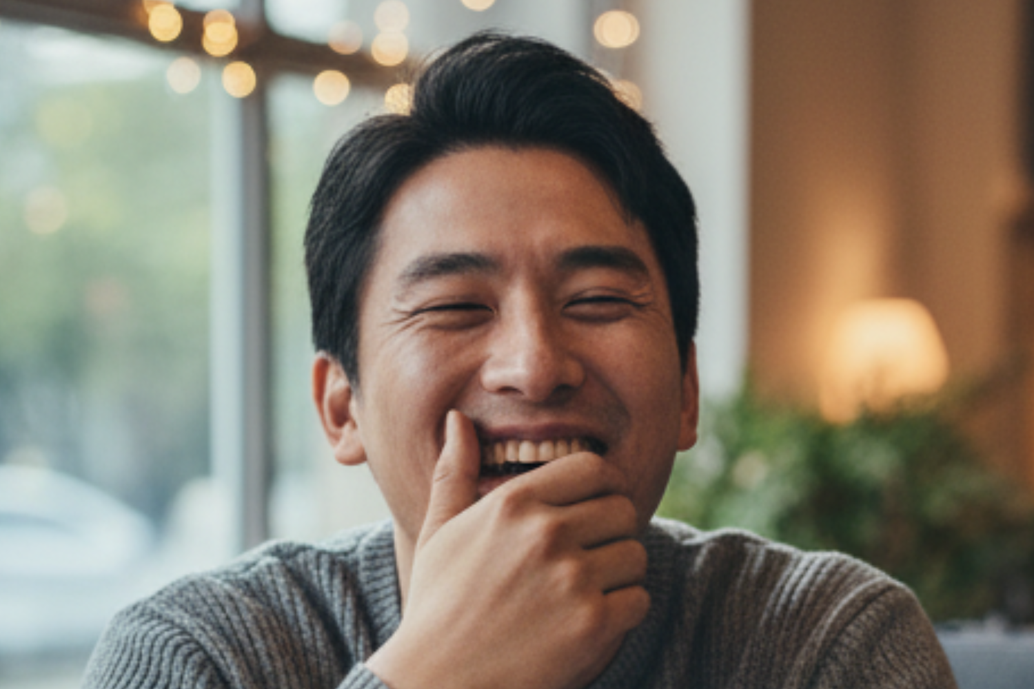 A person laughing with their hand covering their mouth, wearing a gray sweater in a softly lit, warm indoor setting.