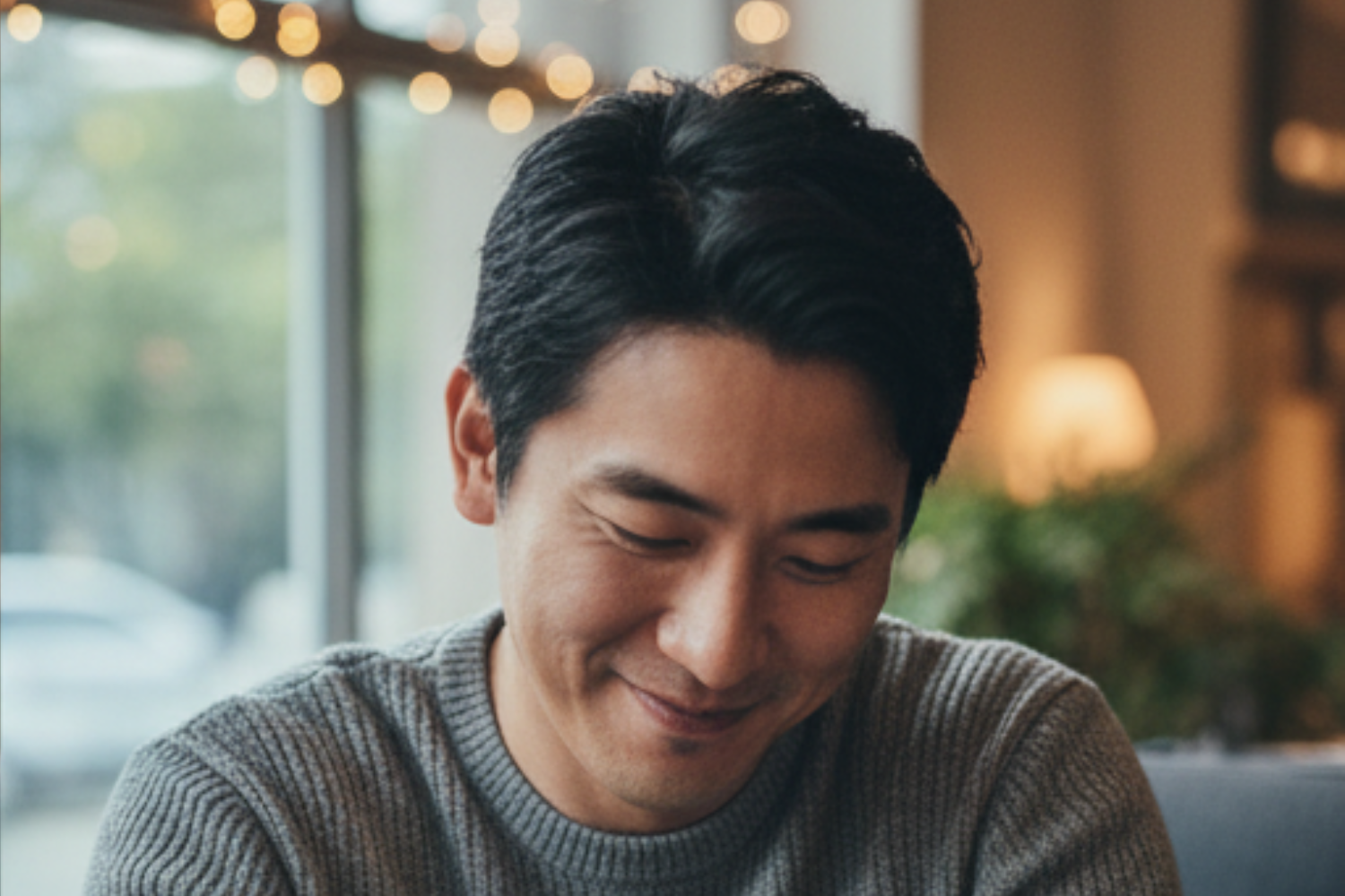 A person in a gray sweater looks down with a gentle, soft smile in a softly lit, warm indoor setting.