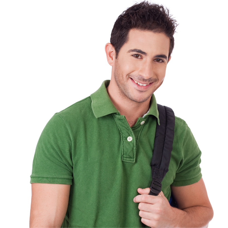 A man in a green shirt is carrying a black backpack