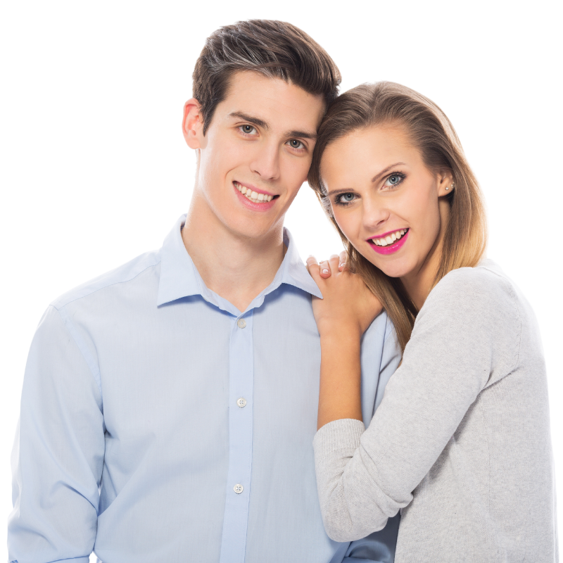 A man and a woman are posing for a picture and the woman is hugging the man