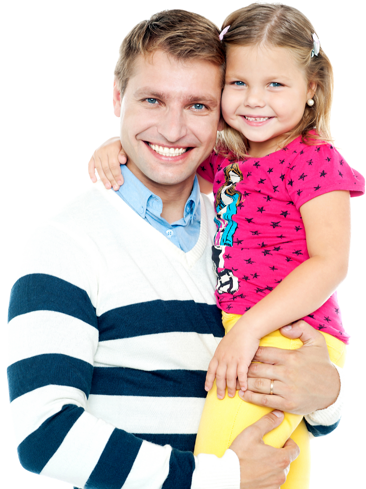 A man in a striped sweater is holding a little girl in his arms and both are smiling