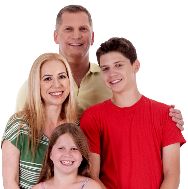 A family posing for a picture with a boy in a red shirt