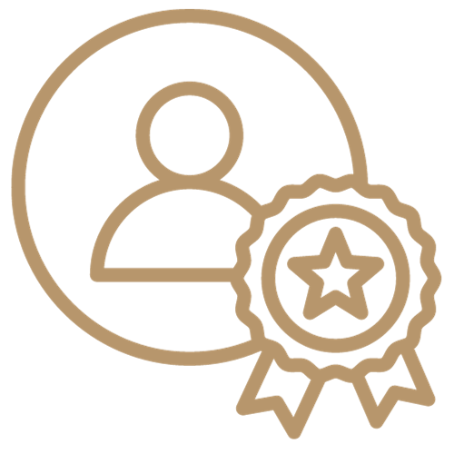 A line drawing of a person and a medal with a star on it.