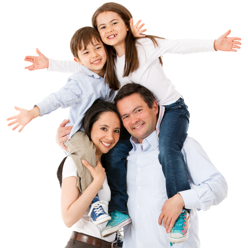 A man and woman are carrying two children on their shoulders