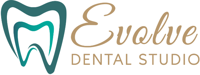 Evolve Dental Studio logo with teal tooth icon and gold script text