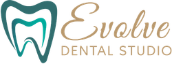 Evolve Dental Studio logo with teal tooth icon and gold script text