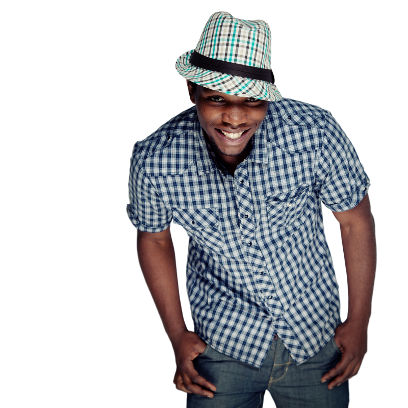 A man wearing a plaid shirt and a hat is smiling