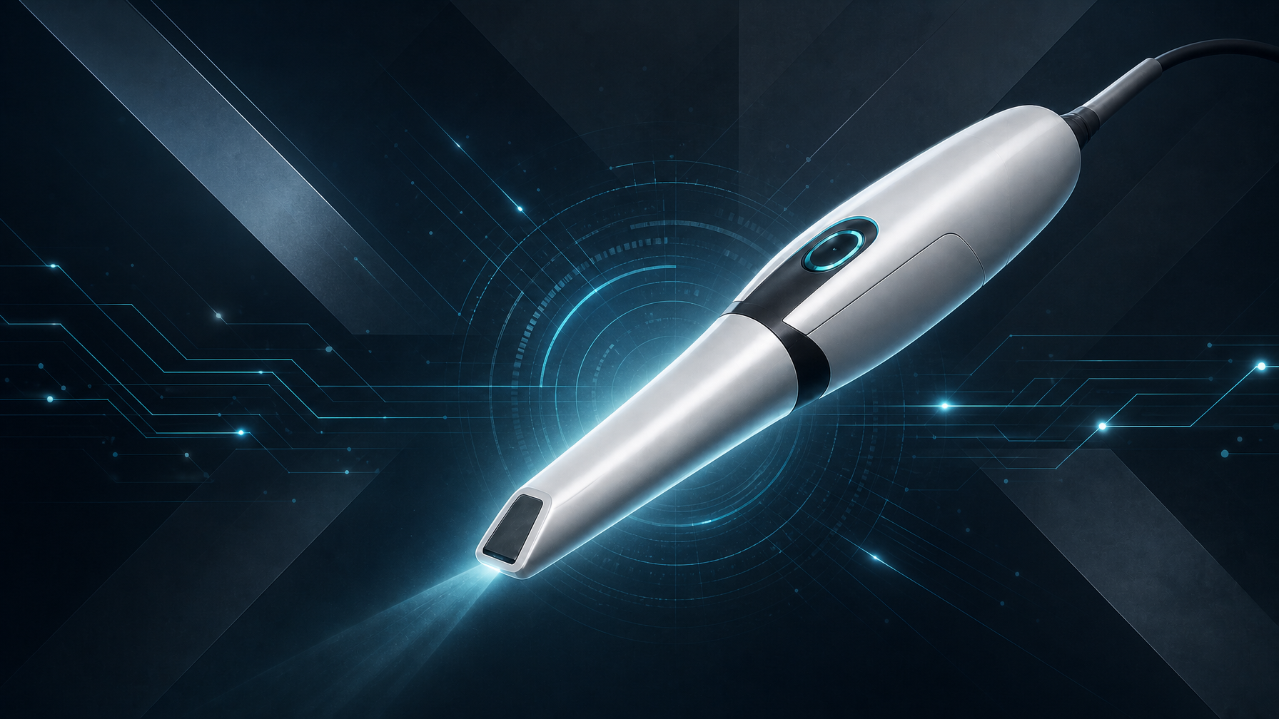 Sleek intraoral dental scanner against a dark geometric background. 