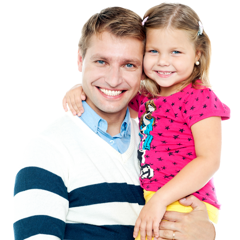 A man in a striped sweater is holding a little girl in a pink shirt