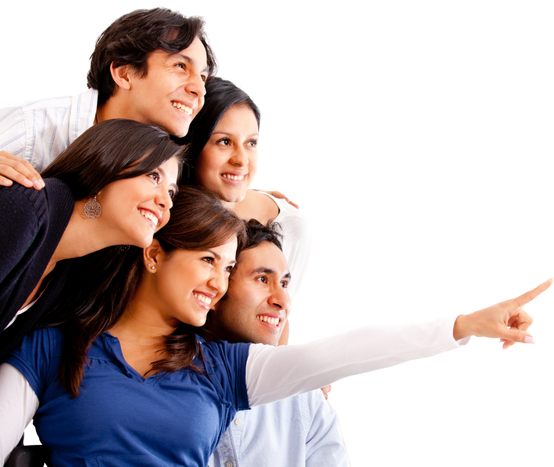 A group of people are smiling and pointing at something