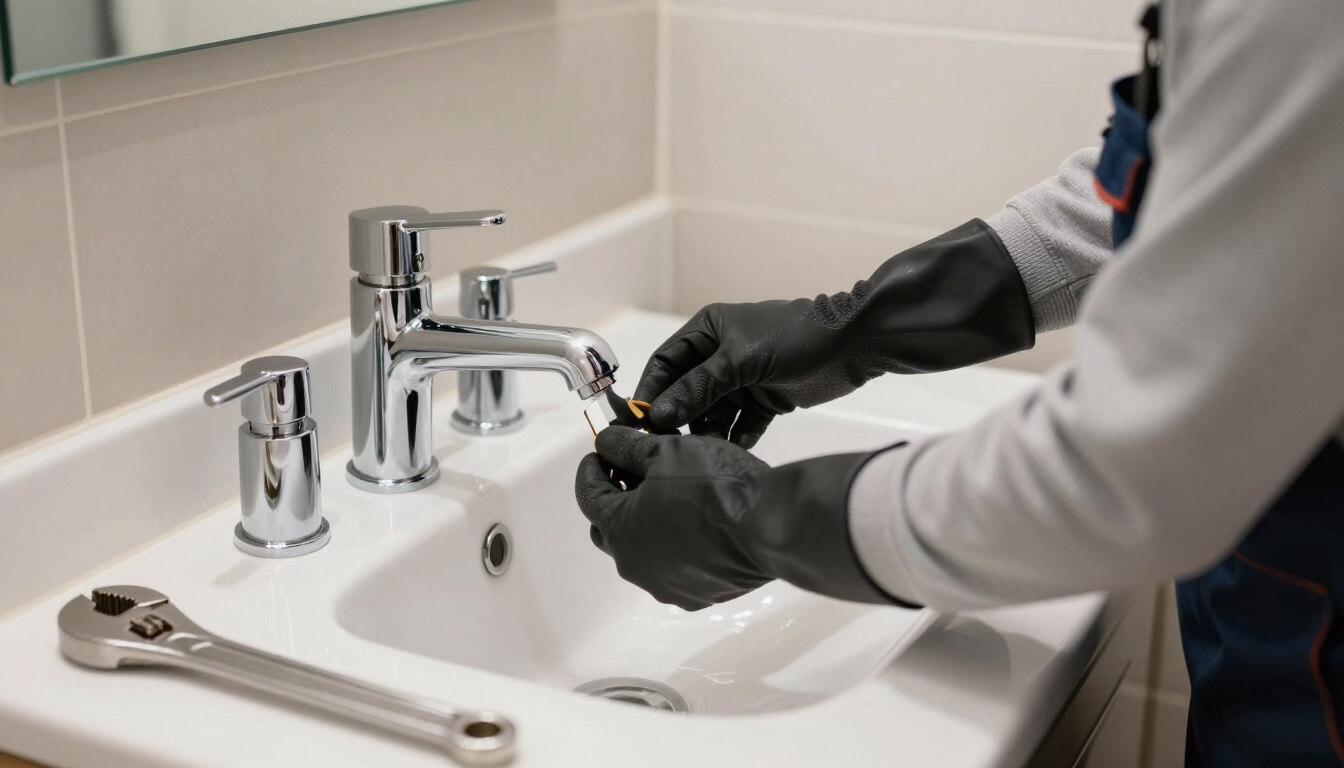 Person wearing black gloves cleans a white bathroom sink and chrome faucet.