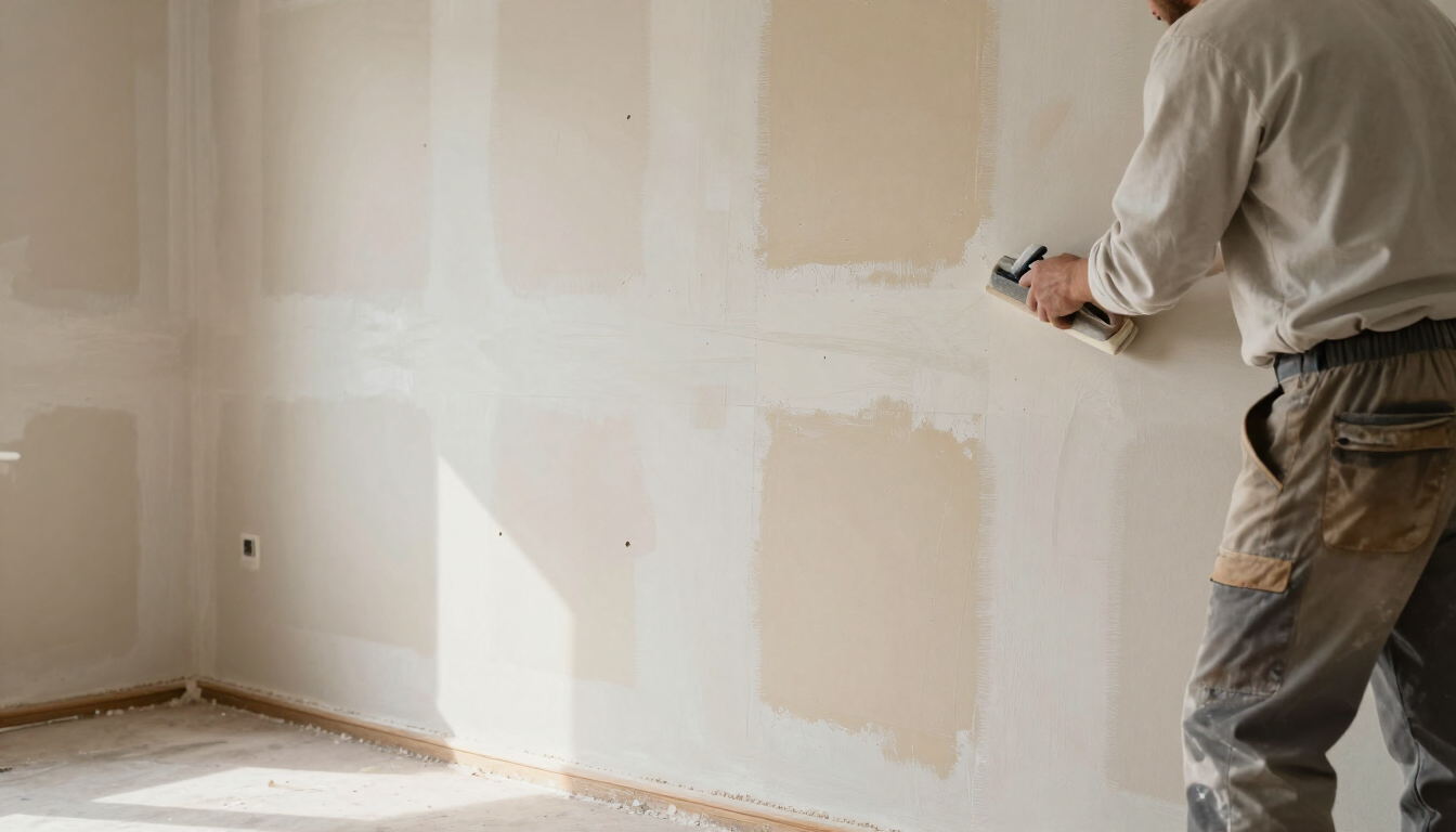 Person painting drywall in a bright room with beige wall patches and a paint roller