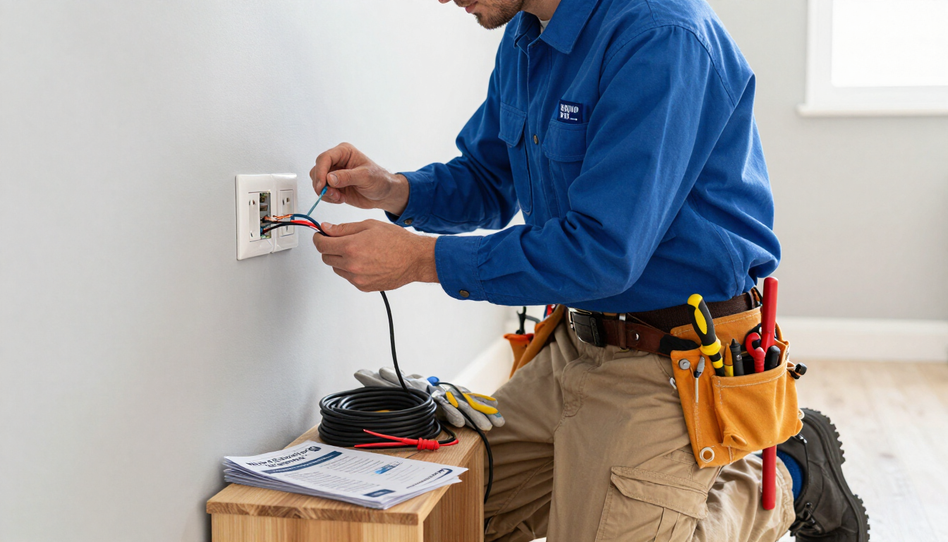Electrician in blue shirt wiring a wall outlet beside tools on a workbench